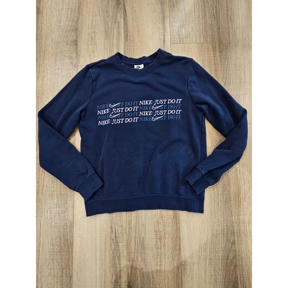 Nike Sportswear Club Fleece Crewneck Sweatshirt Women XS Navy Just Do It Graphic